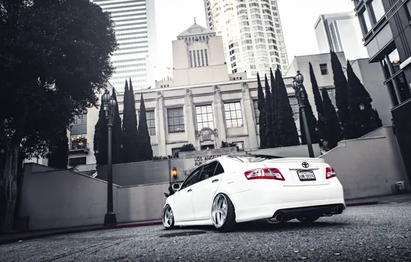 Picture the city, white, toyota, Toyota, camry, Camry, stance