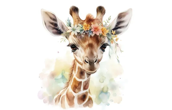 Look, flowers, portrait, giraffe, watercolor, white background, painting, face