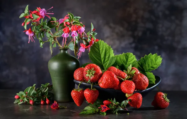 Flowers, berries, strawberry, still life, fuchsia, Andrey Nuzhdin