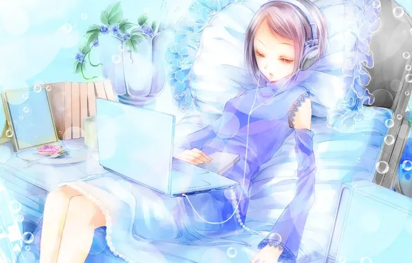 Girl, music, blue, chair, anime, headphones, laptop