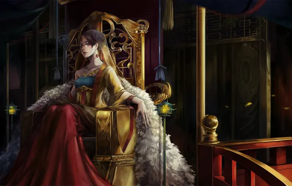 Picture look, girl, fur, sitting, the throne, art, cla