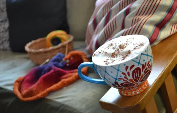 Picture foam, tangle, sofa, basket, Cup, drink, spokes, cappuccino