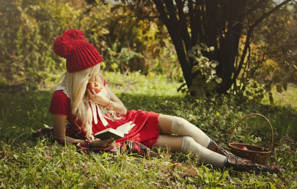 Picture girl, nature, basket, Apple, little red riding hood, shoes, blonde, lies, book, legs, beauty, reads, …