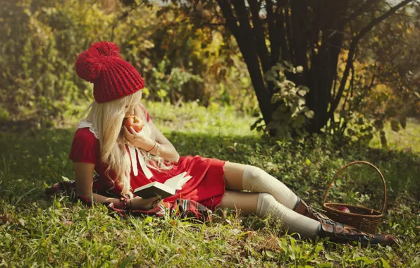 Picture girl, nature, basket, Apple, little red riding hood, shoes, blonde, lies
