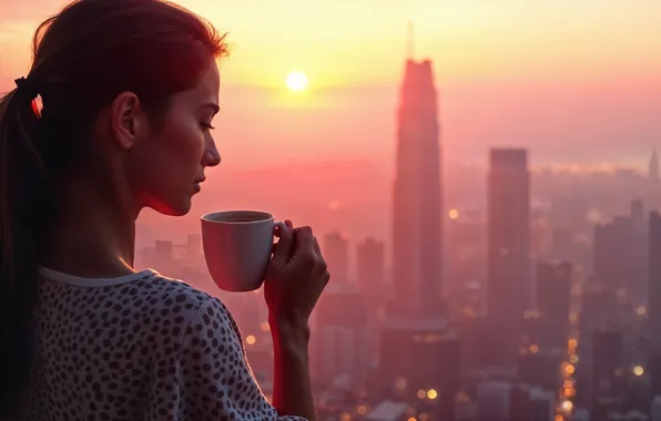 Picture Home, Girl, The city, Mug, Dawn, Skyscrapers, Digital art, AI art