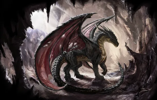 Picture dragon, wings, scales, cave, dragon, sunlight