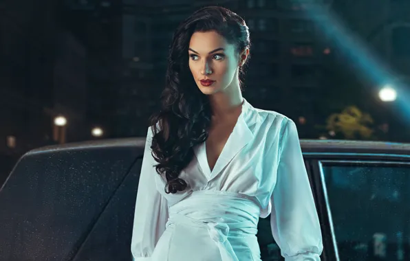 Look, night, actress, brunette, Hollywood, white dress, beautiful girl, charm