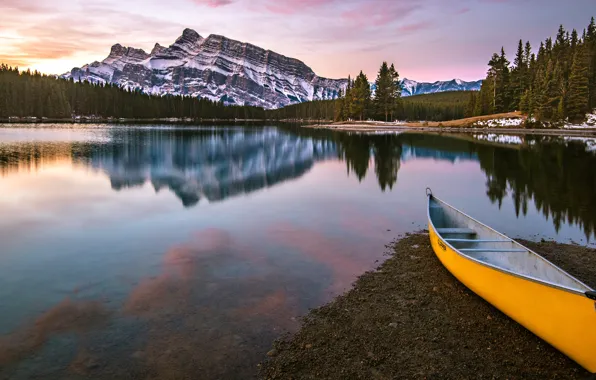 Forest, mountains, lake, reflection, shore, boat, the evening, ate