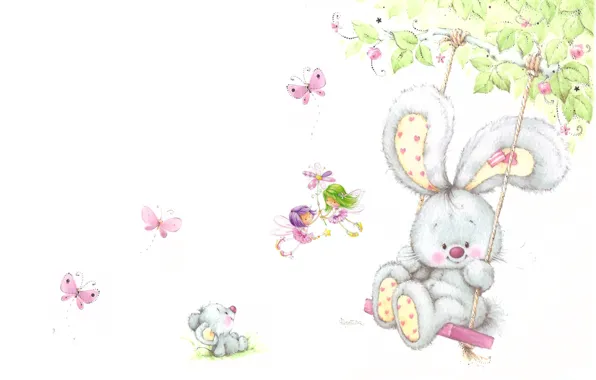 Picture summer, swing, mouse, art, Bunny, children's, Marina Fedotova, fairy