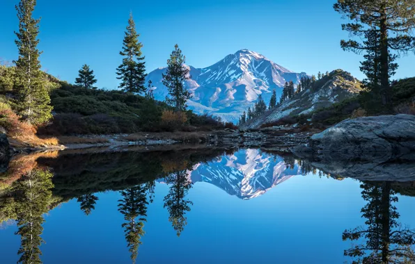 Picture trees, mountains, lake, reflection, CA, California, Heart Lake, The cascade mountains
