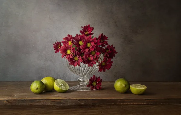 Flowers, table, Board, bouquet, red, lime, fruit, still life