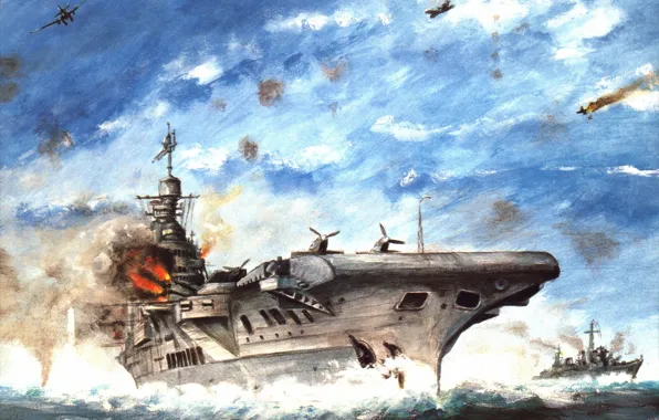 Picture sea, the sky, war, figure, battle, the carrier, caps, aircraft