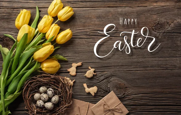 Flowers, eggs, bouquet, yellow, colorful, Easter, tulips, happy