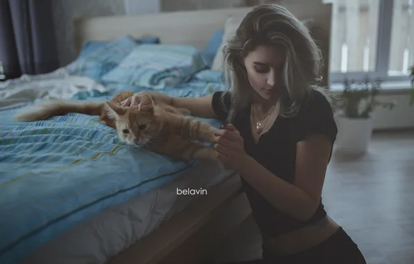 Cat, girl, pose, mood, bed, red cat, Belavin, Alexander Belavin