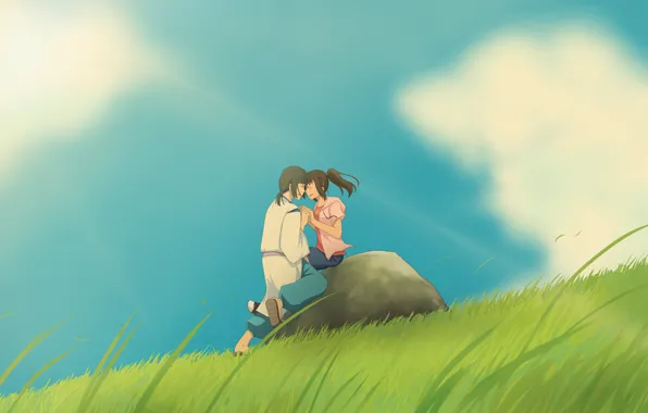 Girl, clouds, nature, anime, art, guy, Hayao Miyazaki, spirited away