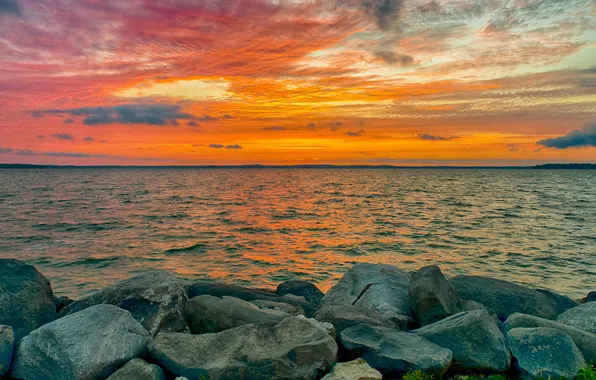 Sea, the sky, sunset, stones, shore
