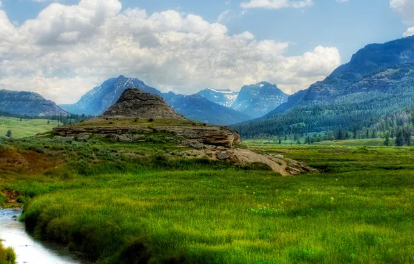The sky, clouds, mountains, river, stream, HDR, meadow