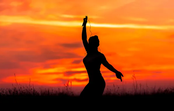 Girl, sunset, music, dancing