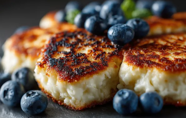 Macro, berries, blueberries, bokeh, blueberries, pancakes, crust, cheesecakes
