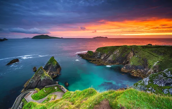 Landscape, sunset, mountains, nature, the ocean, rocks, Ireland, Ireland