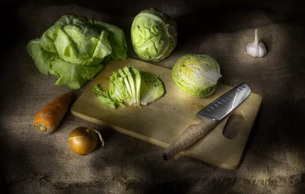 Knife, still life, carrots, cabbage
