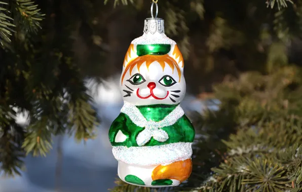 Cat, branches, holiday, toy, tree, new year, spruce, pussy