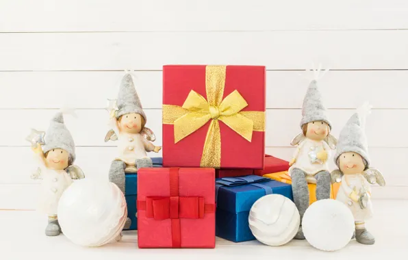 Winter, holiday, Christmas, elves, Figures, composition, Gifts, Rights Reserved
