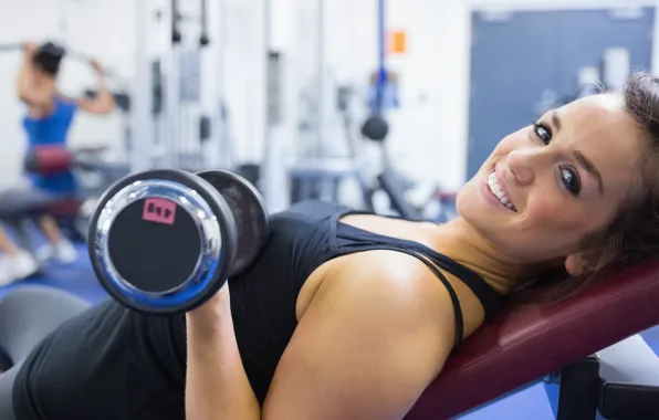 Smile, model, workout, fitness, dumbbell