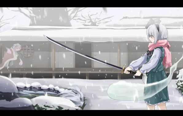 Winter, snow, pond, katana, garden, scarf, touhou, Myon