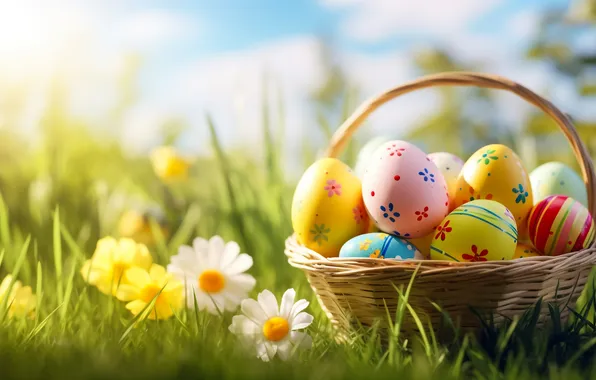 Flowers, basket, glade, eggs, spring, colorful, Easter, happy