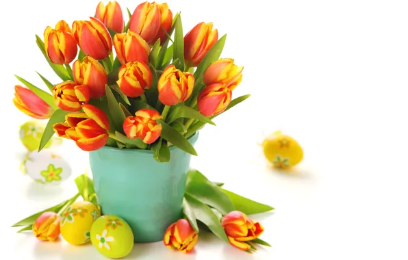 Flowers, eggs, bouquet, Easter, tulips, bucket