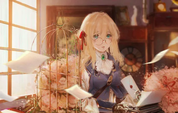 Girl, glasses, letters, Violet Evergarden