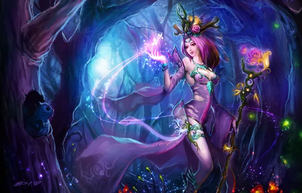 Forest, girl, trees, flowers, animals, magic, butterfly, art