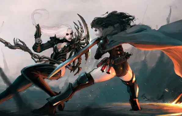 Weapons, girls, rocks, fire, sword, art, duel, Ariel