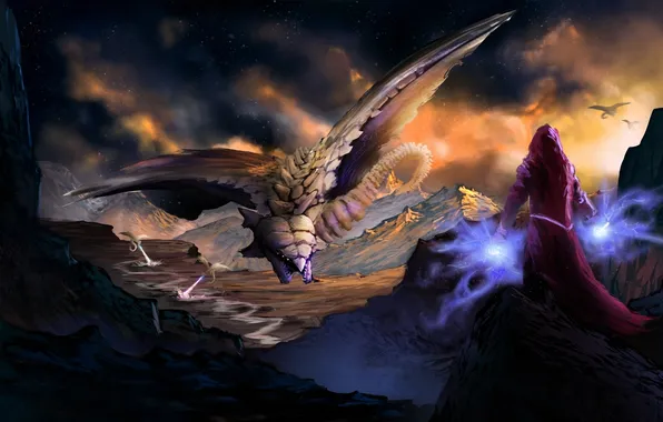 Picture girl, mountains, rocks, magic, dragon, monster, art