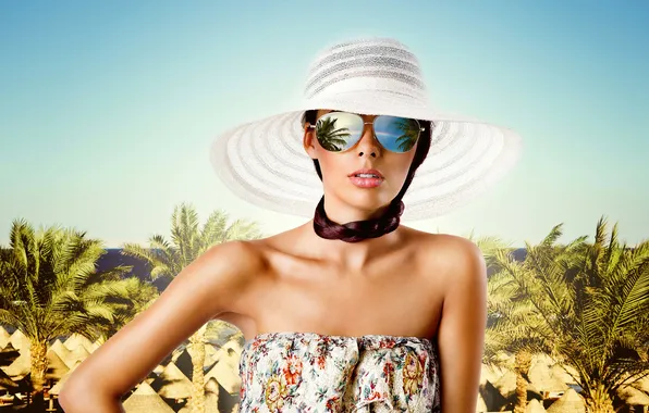 Picture the sky, girl, reflection, palm trees, coast, hat, dress, glasses