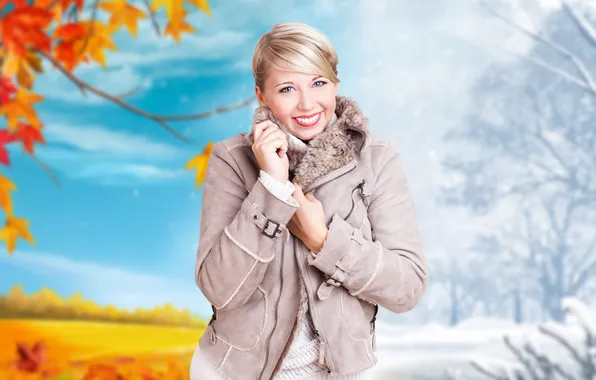 Picture winter, autumn, leaves, girl, snow, smile, jacket, blonde