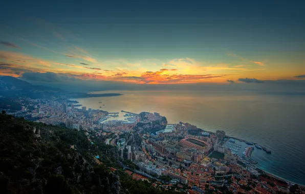Picture sunset, mountains, the city, lights, the ocean, coast, the evening