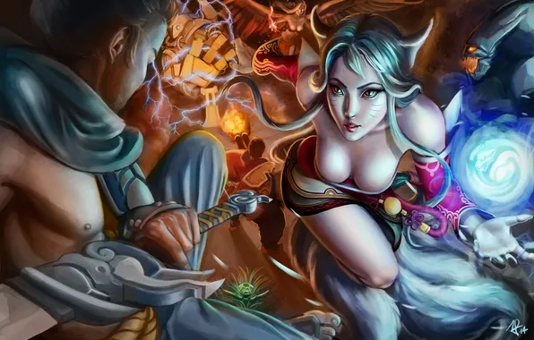 Picture girl, magic, fight, League of Legends, tails, LoL, Ahri