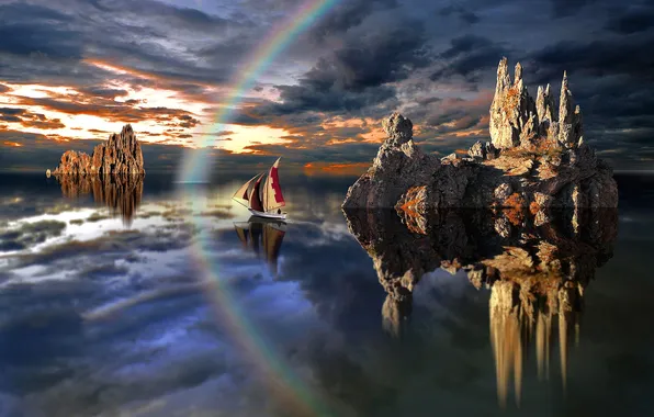Lake, rocks, boat, rainbow, sail