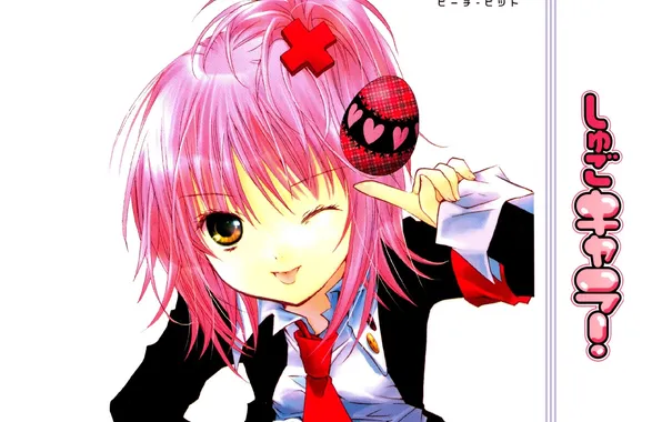 Schoolgirl, wink, pink hair, Shugo Chara, red tie, Easter egg, by peach-pit, Amu Hinamori