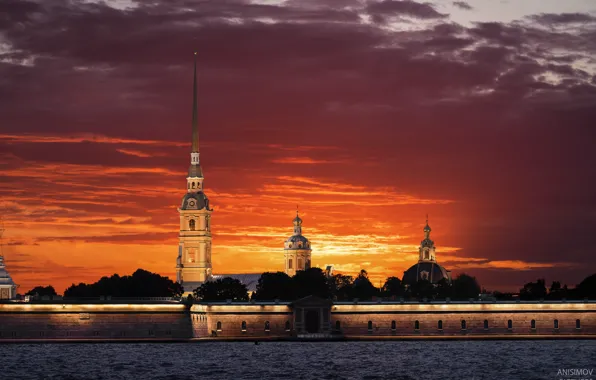 Sunset, the city, river, Peter, Saint Petersburg, Peter and Paul fortress, Neva, Dmitry Anisimov