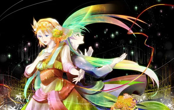 Picture girl, stars, flowers, lights, two, costume, long hair
