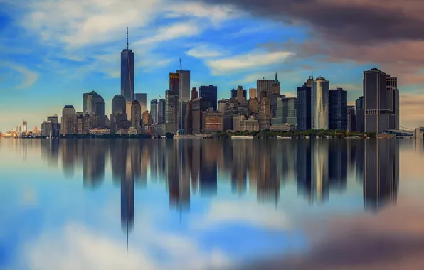 The sky, clouds, the city, reflection, blue, building, tower, home