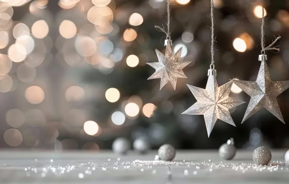 Winter, stars, balls, snow, snowflakes, lights, Christmas, New year