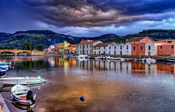 Mountains, clouds, bridge, the city, home, boats, Italy, Bay