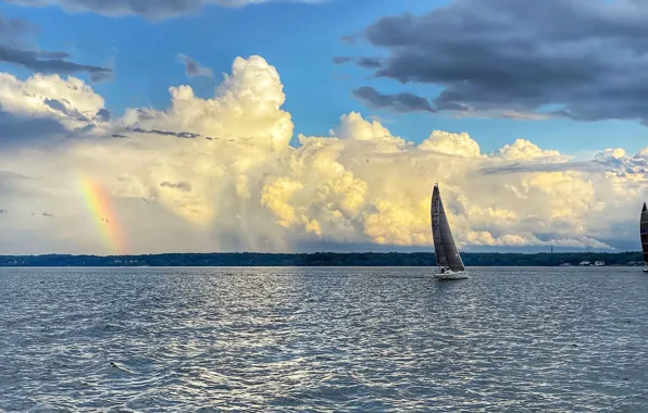Sea, the sky, clouds, coast, rainbow, boats, sails