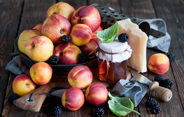 Picture leaves, berries, cheese, honey, dishes, Board, fruit, peaches, BlackBerry, nectarine, jar, Anna Verdina