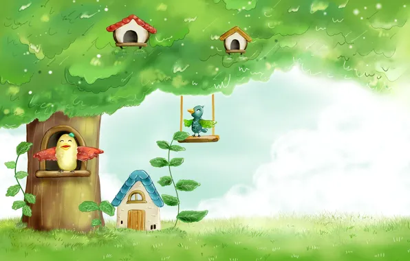 The sky, grass, leaves, childhood, tree, bird, figure, tale