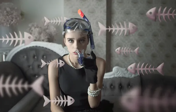 Girl, fish, glasses, bones, skeletons, Sea Of Dreams